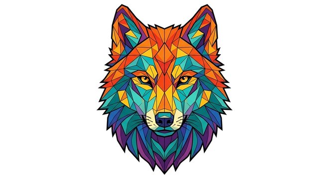 Colorful Geometric Wolf Head Portrait with Vibrant Orange, Teal, Purple and Blue Polygon Shapes, Abstract Low Poly Animal Illustration, Modern Symmetrical Wildlife Vector Art on White Background