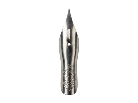 An isolated vintage metal calligraphy pen nib with intricate floral engraving on a clean white background.