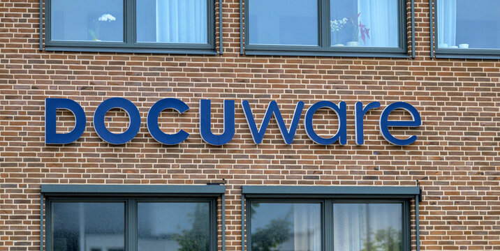 Gothenburg, Sweden - August 29 2026: DocuWare company signage mounted on modern brick office building.