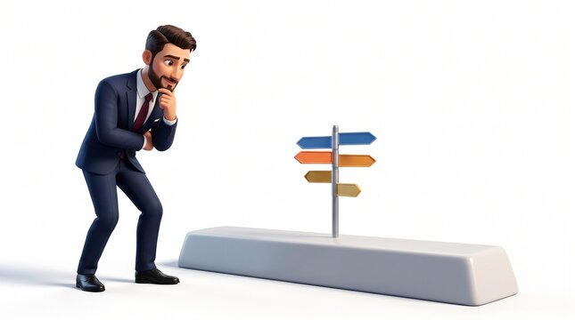 3D businessman mascot hesitant at signpost on spacebar