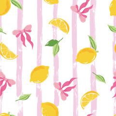 Fototapeta premium Vector sweet summer seamless pattern with lemons and pink bows. Hand drawn design with tropical citrus fruits, slices and leaves on striped background. Wrapping paper, fashion textile print design