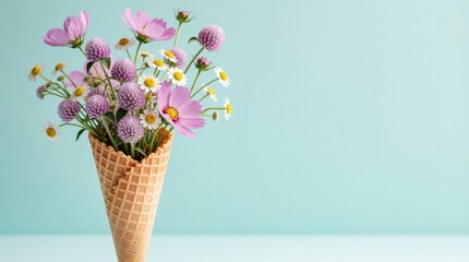 Fototapeta premium Creative bouquet of colorful wildflowers grows from waffle ice cream cone. Pink cosmos, purple clover flowers in dessert cone on light blue background. Minimalist spring floral concept for summer