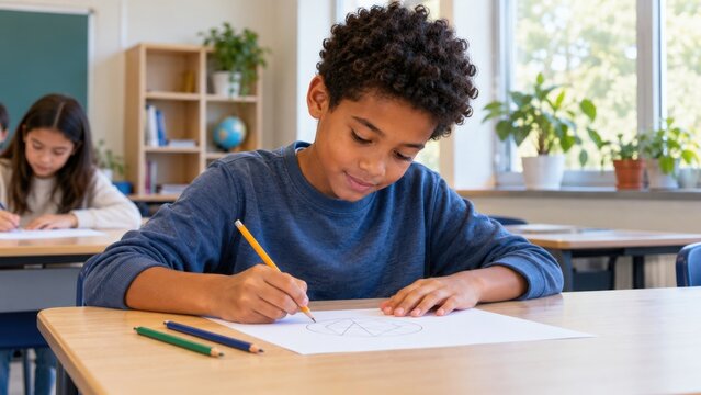 Focused schoolboy drawing on paper with colored pencils at a classroom desk while classmates work nearby in a bright educational learning environment