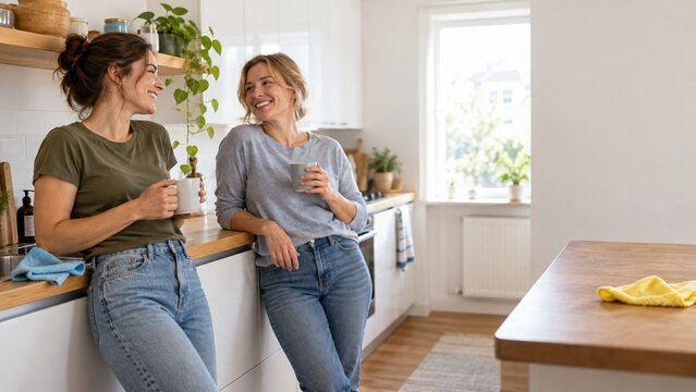 Brunette woman and a blond friend smile beside a kitchen counter. cleaning cloths and cups sit near their hands. everyday female friendship. landscape photo. green and beige tones and diffuse daylight