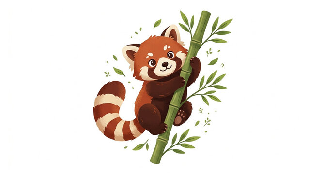 Cute Red Panda Climbing Bamboo Vector Illustration