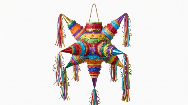 Colorful star pi&ntilde;ata for festive celebrations with ribbons and a white background