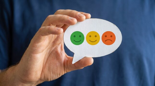 A close up of a human hand holding a white paper speech bubble featuring three colored smiley faces in green yellow and red against a dark blue textured fabric background