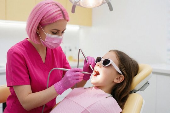 Pink haired female dentist performs check up on young girl in modern dental clinic. Pediatric doctor uses medical tools, equipment for oral hygiene treatment. Child wears white sunglasses during
