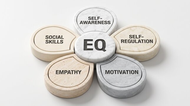 Emotional intelligence concept represented by 3D flower diagram showing five core components on white background