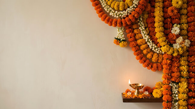 Beautiful festive background with marigold flower decorations and traditional oil lamps for the hindu festival of diwali