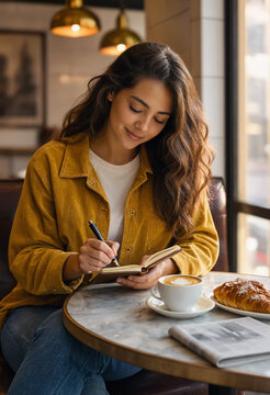 A young woman sits at a cafe table writing in a small notebook with a fountain pen. A cup of latte art coffee, a fresh croissant, and a newspaper sit beside her, creating a cozy morning routine