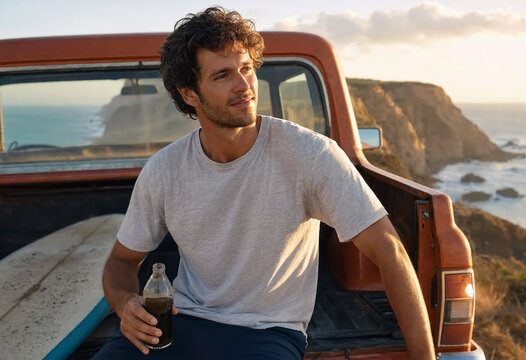 A man sits on the tailgate of a vintage pickup truck parked on a cliff above the sea at sunset. Holding a drink with a surfboard loaded in the truck bed, he enjoys a relaxed coastal road trip vibe