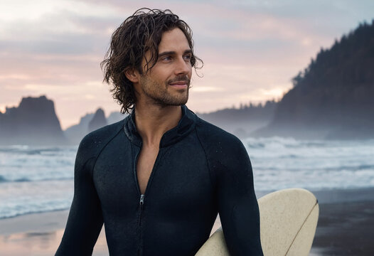 A handsome male surfer wearing a black wetsuit holds a surfboard while walking along a misty beach at dawn. Foggy sea stacks and forested hills rise in the background under soft morning twilight