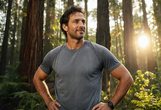 Athletic male pauses during a trail run in a dense forest. Sweat glints on his skin as warm morning sunlight filters through tall trees. Healthy, active moment of outdoor fitness and natural solitude