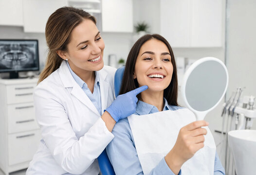 A smiling female dentist points to the white teeth of a happy woman patient holding a hand mirror in a modern dental clinic. Dental care, oral hygiene and cosmetic dentistry