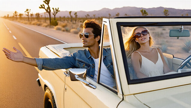 An attractive couple enjoys a scenic road trip in a vintage convertible car at sunset. The man extends his arm out into the wind, while the woman drives relaxed through the desert highway