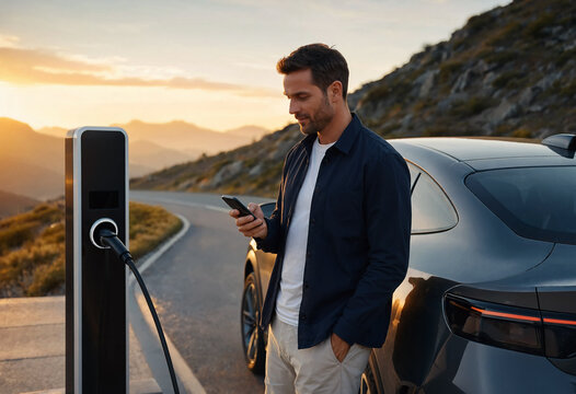 A man uses his smartphone while charging his electric car at a station on a scenic mountain road during sunset