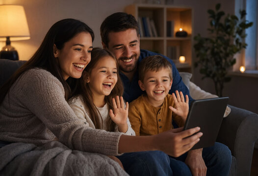 A happy family with two children gathers on a cozy couch in a warm living room, smiling and waving during a video call on a tablet. Heartwarming scene of bonding, connection with modern tech