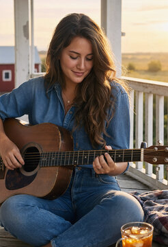 Young woman sits cross-legged on a farmhouse porch playing an acoustic guitar during sunset. Carefree female enjoys a peaceful evening of country music and cozy rural relaxation