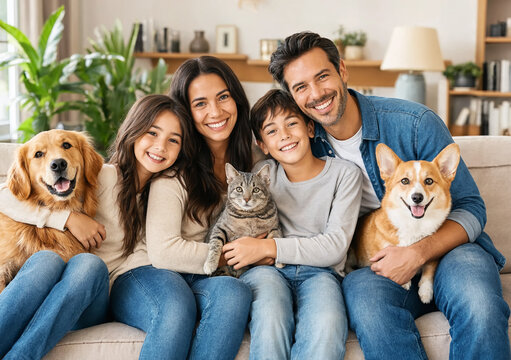 A happy family with two children, a Golden Retriever, a Corgi, and a tabby cat pose together on a living room couch, smiling warmly at the camera, capturing a cozy, loving home portrait