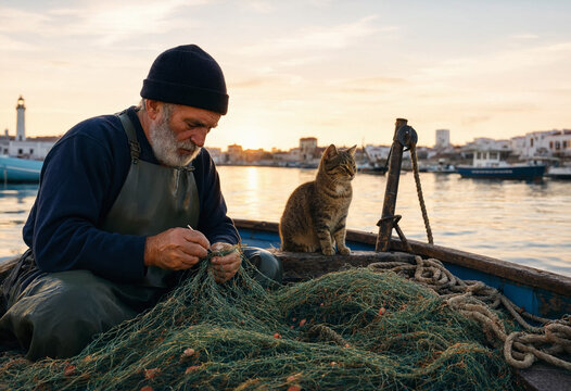 An elderly fisherman with a white beard mend fishing nets aboard his wooden boat in a harbor at sunrise, accompanied by his loyal tabby cat. A lighthouse and coastal village seen in the background