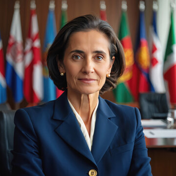Professional female politician or diplomat closeup portrait, exuding confidence and leadership. Woman posing inside an international office, with national flags in the background