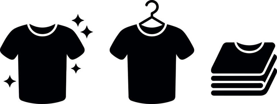 Black t-shirt icon showing washing, drying, and folding process
