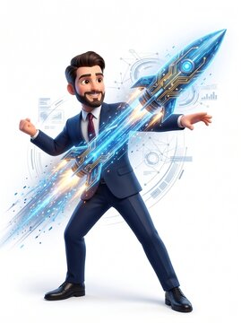 3D businessman mascot throwing cybernetic rocket spear