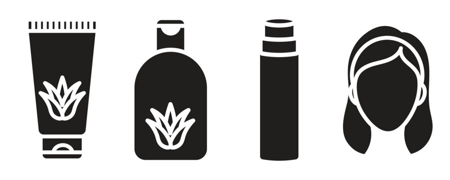 Aloe vera skincare products with feminine face silhouette on white background simple vector illustration