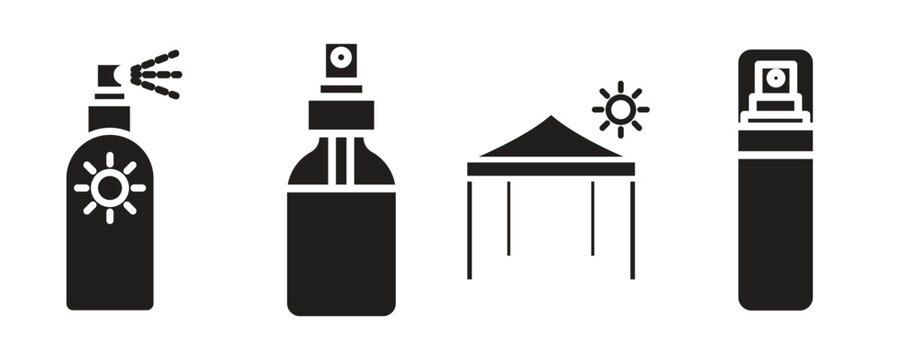 Sunscreen spray bottles and canopy with sun icon for sun protection concept against white background