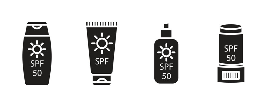 Various sunscreen containers with SPF 50 protection against the sun in a simple flat design against a white background