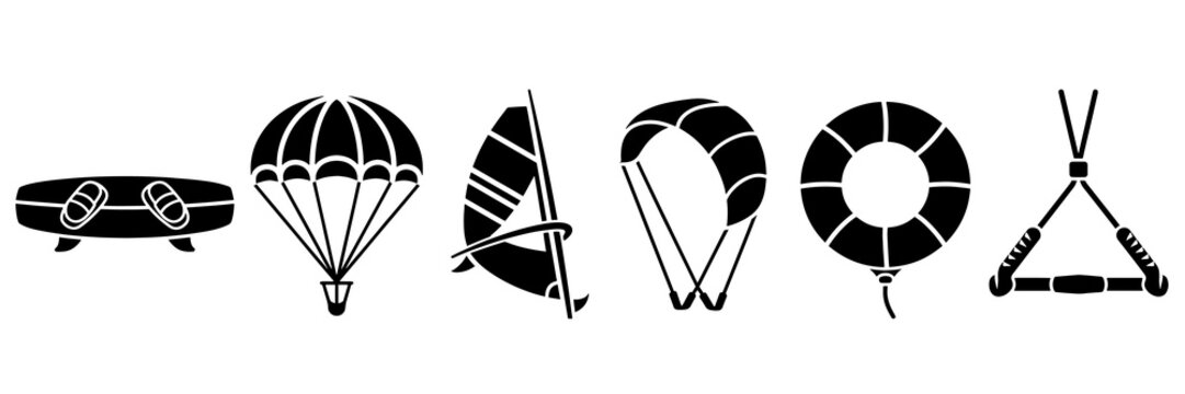 Black watersports equipment icons set with surf board and parachute