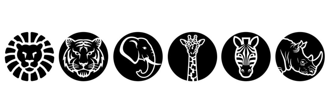 Black and dark safari animal round badge icons set vector illustration
