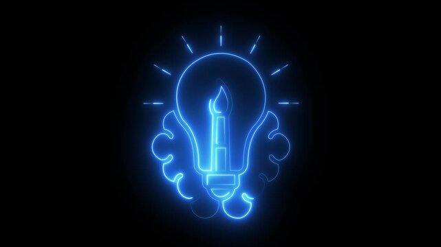Abstract glowing neon Light Bulb and Brain Icon, Creative Idea, Innovation and Inspiration concept on Black Background. 4k motion graphics video.