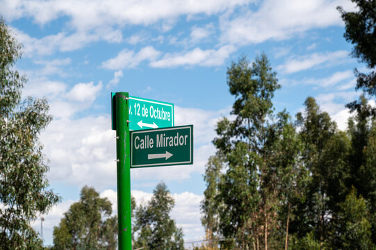 Cochas, Peru - July 16, 2026: Street signs indicate Calle Mirador and Avenida 12 de Octubre in the Andean highlands near Huancayo. 