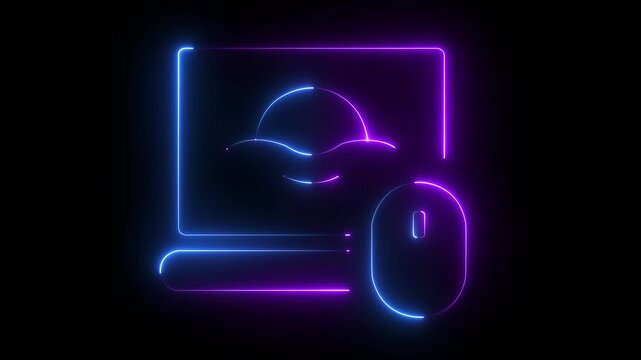 Glowing Neon Computer monitor and mouse Icon, desktop computer technology and digital workspace on Black Background. 4k motion graphics video.