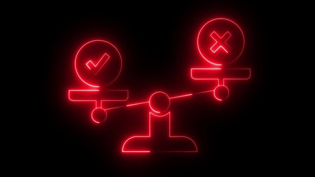 Glowing Neon Balance Scale with Check Mark and Cross Icon, Decision Making, Evaluation and Right or Wrong Concept on black background.