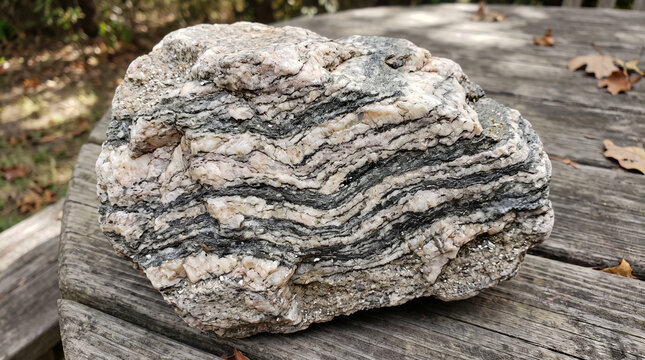 Gneiss banded metamorphic rock on a wooden surface  