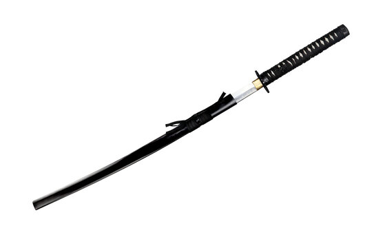 Partially Drawn Japanese Katana Sword with Black Scabbard on transparent background png