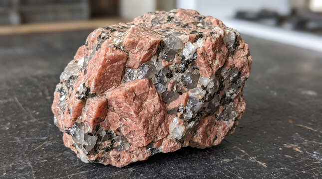 Granite sample pink feldspar rock on wooden surface  