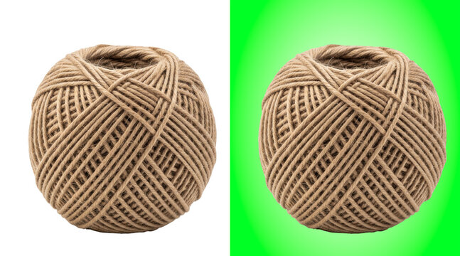 A ball of natural brown jute twine string isolated on a white background, studio rope