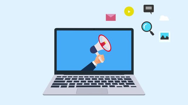 Megaphone Advertising Animation on Laptop Screen with Floating Email and Communication Icons, Digital Marketing Concept