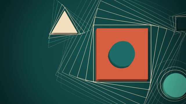 Terracotta circle and teal triangle morphing with echo rings on teal