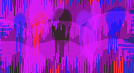 Abstract graffiti background with dripping purple paint streams and dark silhouettes. © ariful