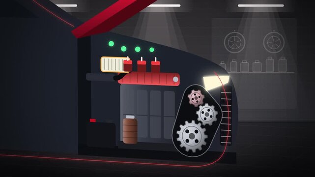 Open hood engine repair with red parts swapped and gears turning
