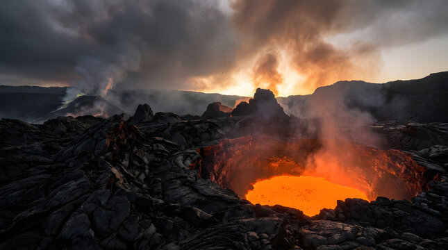 A powerful volcanic eruption sends rivers of molten lava flowing down the mountainside under a dark stormy sky
