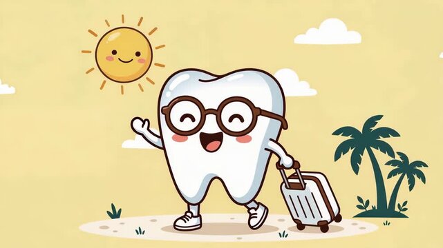Cute cartoon animation of a smiling clean white tooth character wearing spectacles and walking with a travel suitcase under a bright sun, summer vacation, dental care concept.