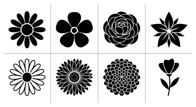 Flower silhouettes set with daisy, camellia, aster and tulip for floral design