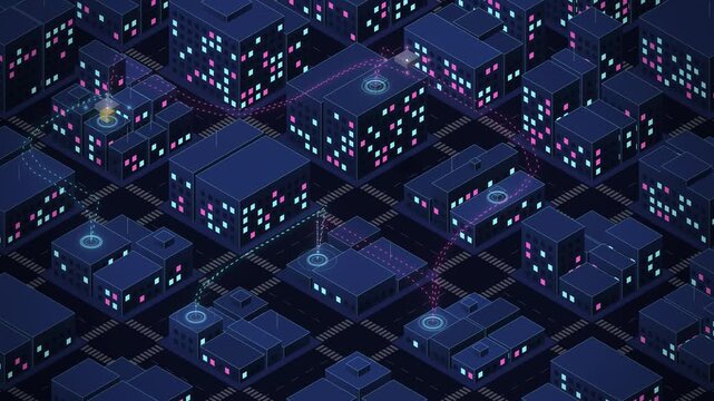 Delivery drone routes lighting up over isometric neon city at night