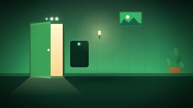 Hotel door opening with warm light and a key card reader on green